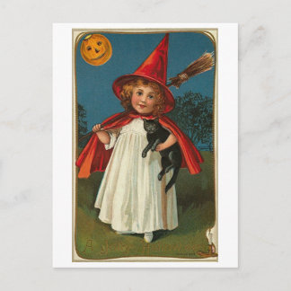 Cartão Postal Halloween Child and Black Cat