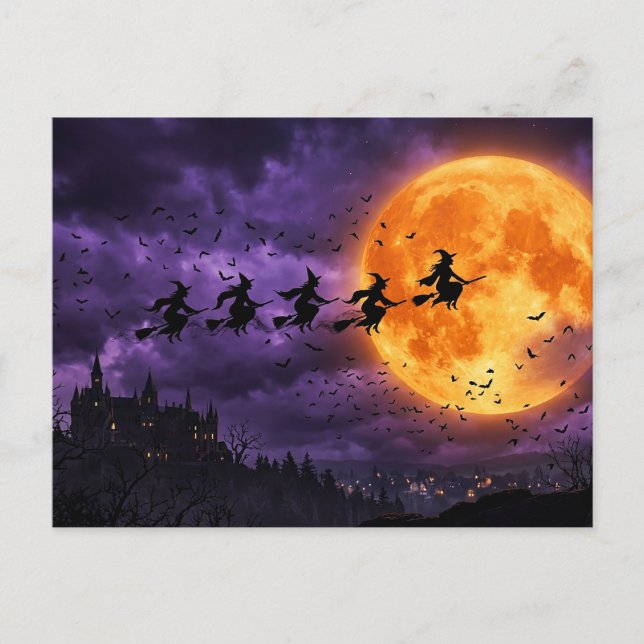 Cartão Postal Halloween com Lua e Bruxa (Frente)