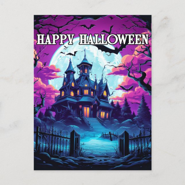 Cartão Postal Halloween da Casa Assombrada Spooky (Frente)