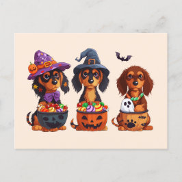Cartão Postal Halloween Dachshund Dogs Pumpkin Candy Balde