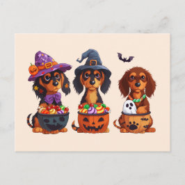 Cartão Postal Halloween Dachshund Dogs Pumpkin Candy Balde