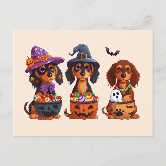 Cartão Postal Halloween Dachshund Dogs Pumpkin Candy Balde (Frente)