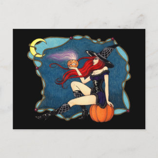 Cartão Postal Halloween de bruxa de cabelos vermelhos