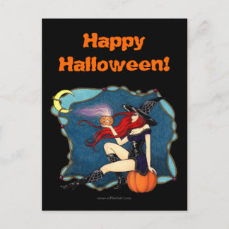 Cartão Postal Halloween de bruxa de cabelos vermelhos
