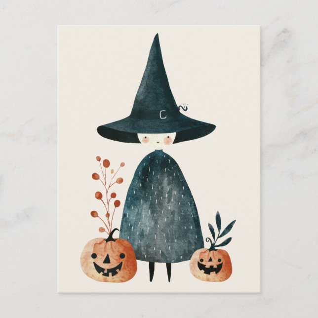 Cartão Postal Halloween de bruxas e pestinhas de aquarela (Frente)