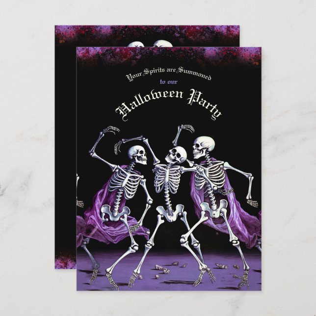 Cartão Postal Halloween de Skeletons de Dança Roxo de Orçamento (Frente/Verso)