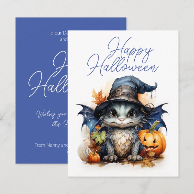 Cartão Postal Halloween do Dragão Bebê com Aquarela Infantil do  (Frente/Verso)