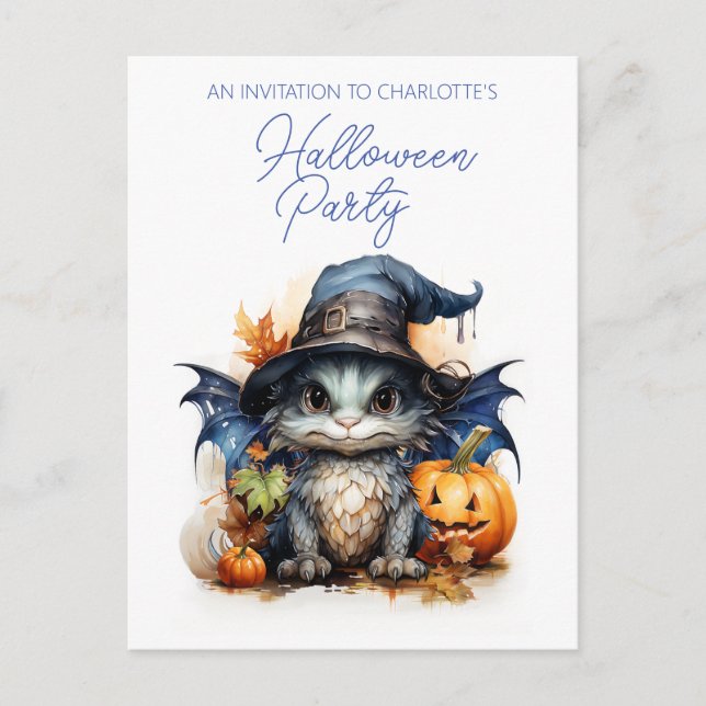 Cartão Postal Halloween do Dragão Bebê com Aquarela Infantil do  (Frente)