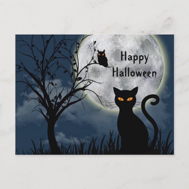 Cartão Postal Halloween do Gráfico da Lua de Gato Negro Bonito (Frente)