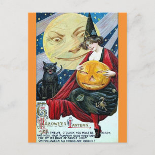 Cartão Postal Halloween Fofo Bruxa Vintage Gato Preto Poema da L