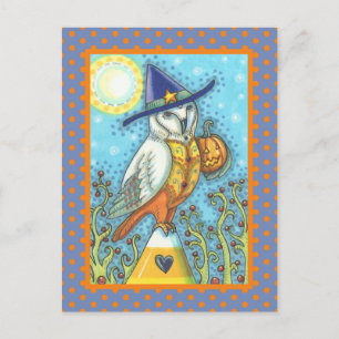 CARTÃO POSTAL HALLOWEEN FOLK ART BARN OWL & CANDY CORN