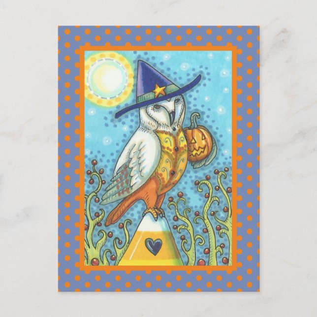 CARTÃO POSTAL HALLOWEEN FOLK ART BARN OWL & CANDY CORN (Frente)