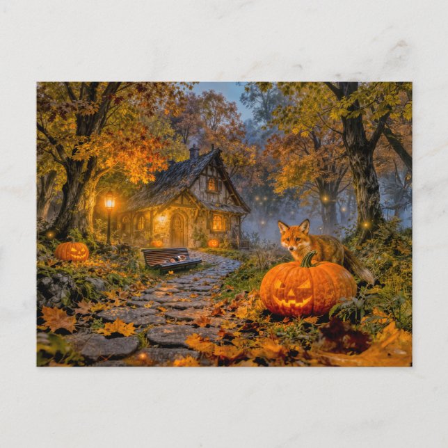 Cartão Postal Halloween Forest Cottage with Fox (Frente)