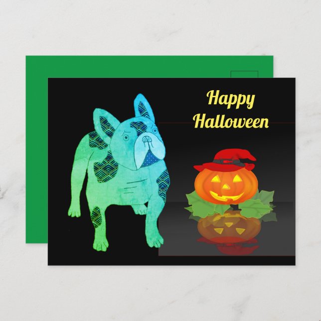 Cartão Postal Halloween französische Bulldogge Postkarte (Frente/Verso)