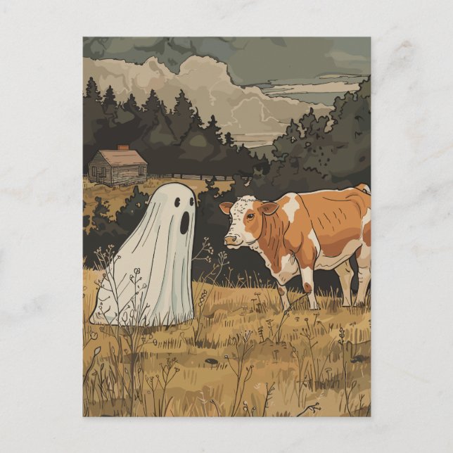Cartão Postal Halloween Ghost and Cow Vintage Farm (Frente)