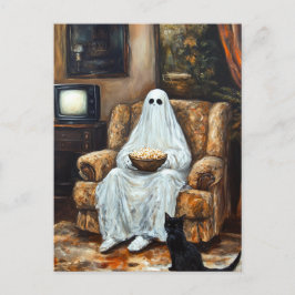 Cartão Postal Halloween Ghost assistindo TV com pipoca