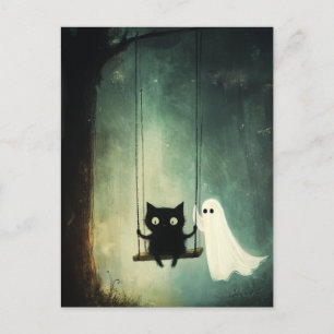 Cartão Postal Halloween Ghost, Cat on Swing