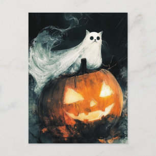 Cartão Postal Halloween GhostCat e Jack o Lanterna