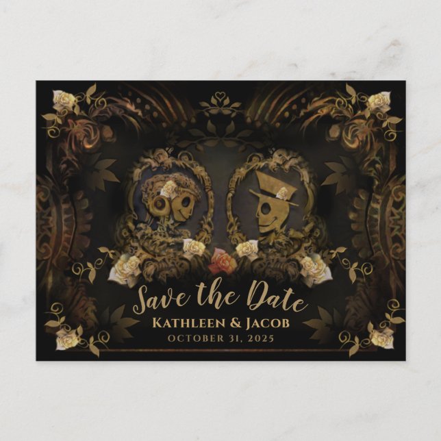 Cartão Postal Halloween Golden Elegant Esqueletos Salvar Data Po (Frente)