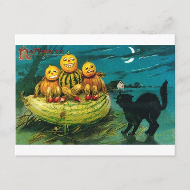 Cartão Postal Halloween Gourd Peopl e Cat (Frente)