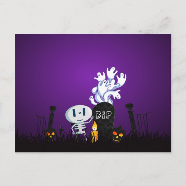 Cartão Postal Halloween Graveyard Spooky Cute Skelton E Fantasma (Frente)