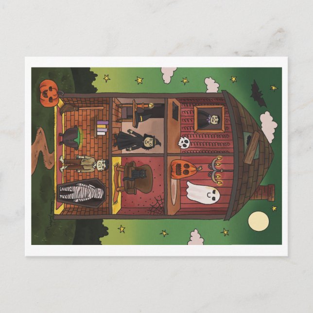 Cartão Postal Halloween Haunted House Interior Illustration (Frente)