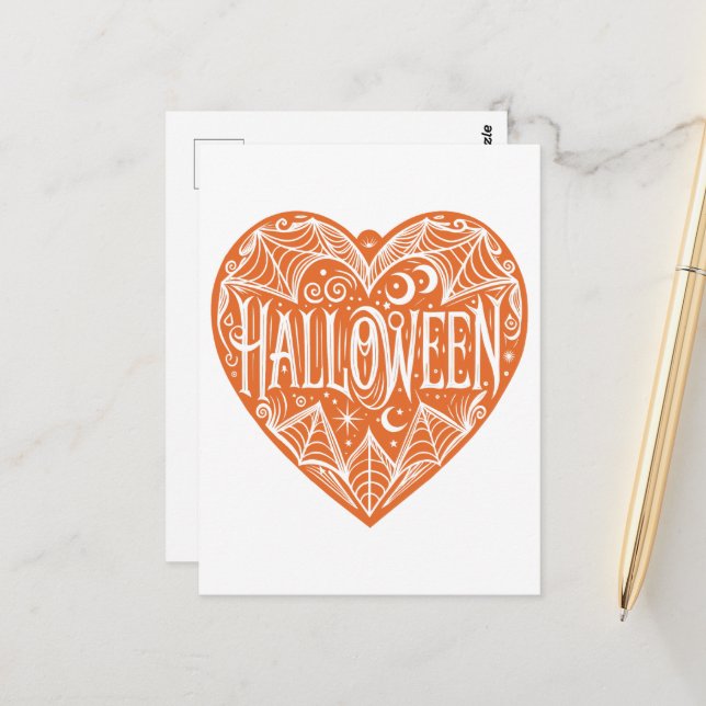 Cartão Postal Halloween Heart, Orange Heart Shape, Holiday (Frente/Verso In Situ)