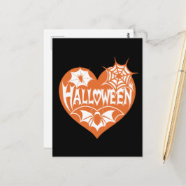 Cartão Postal Halloween Heart, Orange Heart Shape, Spider Web