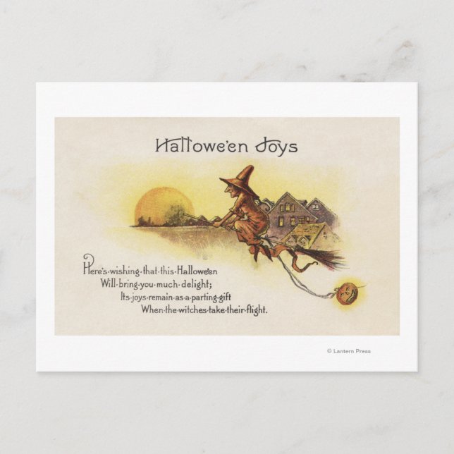 Cartão Postal Halloween JoysWitch na Broom (Frente)