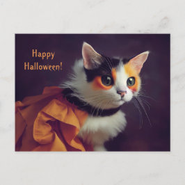 Cartão Postal Halloween. Katze im Kürbis Kostüm.