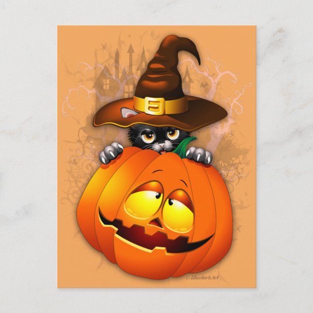 Cartão Postal Halloween Kitty Witch and Pumpkin Friend Postcard (Frente)
