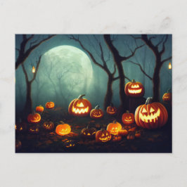 Cartão Postal Halloween Kürbisse in einem Wald bei Vollmond.