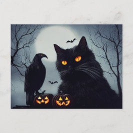 Cartão Postal Halloween Kürbisse Katze und Rabe bei Vollmond.
