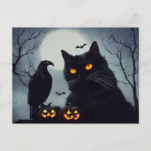 Halloween Kürbisse Katze und Rabe bei Vollmond.