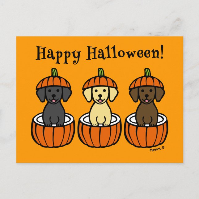 Cartão Postal Halloween Labrador Puppies e Pumpkins (Frente)