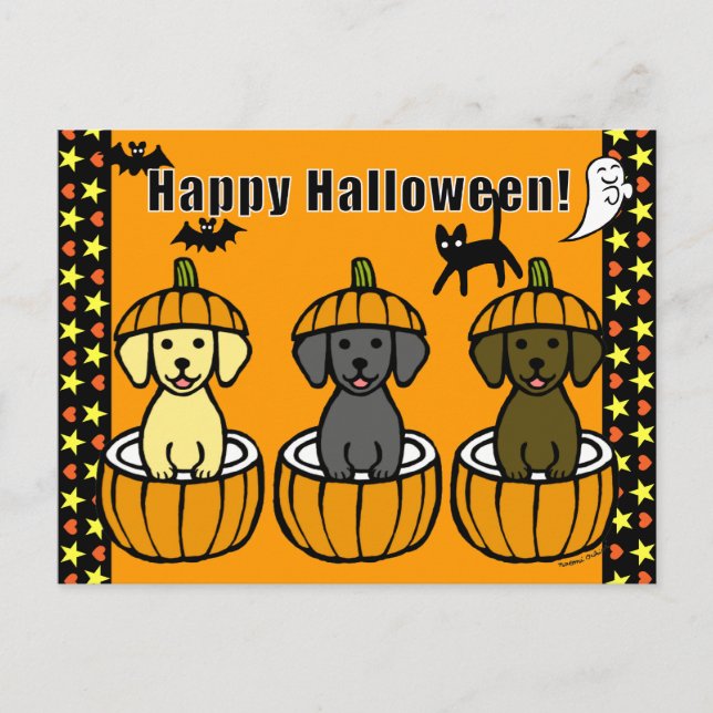 Cartão Postal Halloween Labrador Puppies e Pumpkins (Frente)