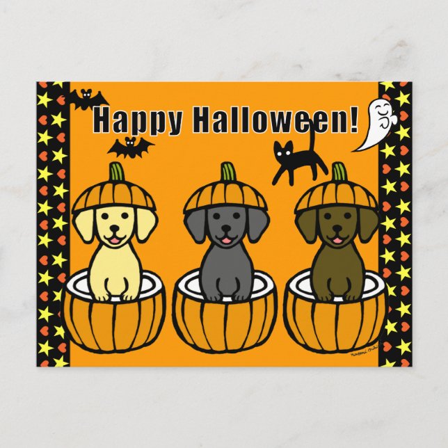 Cartão Postal Halloween Labrador Puppies e Pumpkins (Frente)