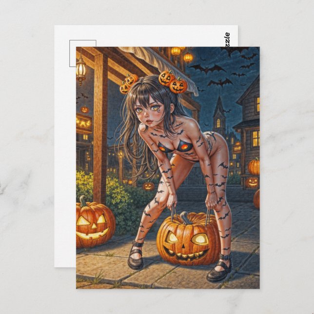 Cartão Postal Halloween Monster Jack-o-Lanterna e Bat Vixen Girl (Frente/Verso)