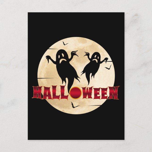 Cartão Postal Halloween Moon Silhouette Ghosts Bats (Frente)