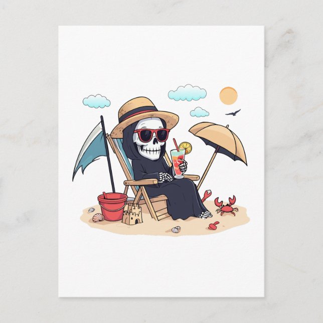 Cartão Postal Halloween no verão - Grim Reaper na praia (Frente)
