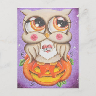 Cartão Postal Halloween Owl e Pumpkin