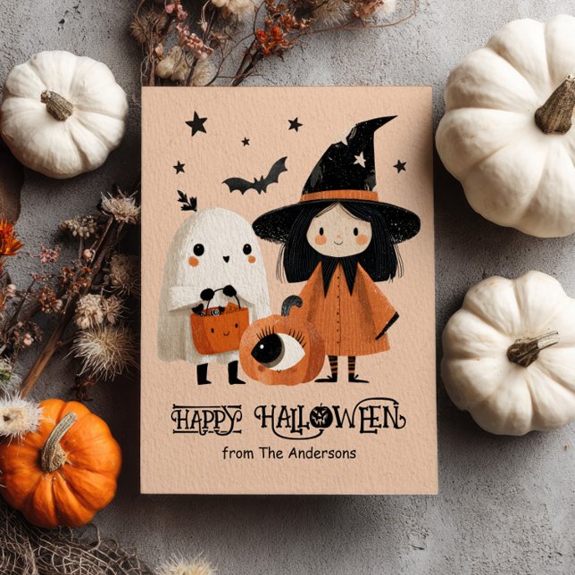 Cartão Postal Halloween Personalizado de Bruxa e Aquarela Fantas (Criador carregado)