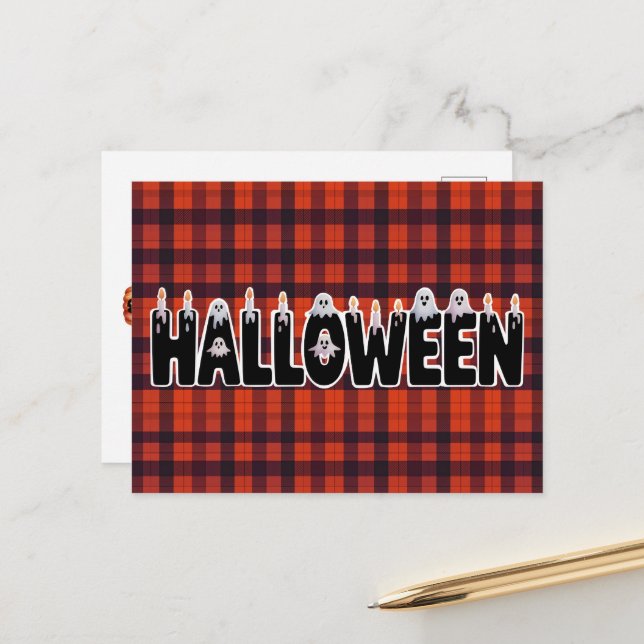 Cartão Postal Halloween Plaid Ghost Lettering (Frente/Verso In Situ)