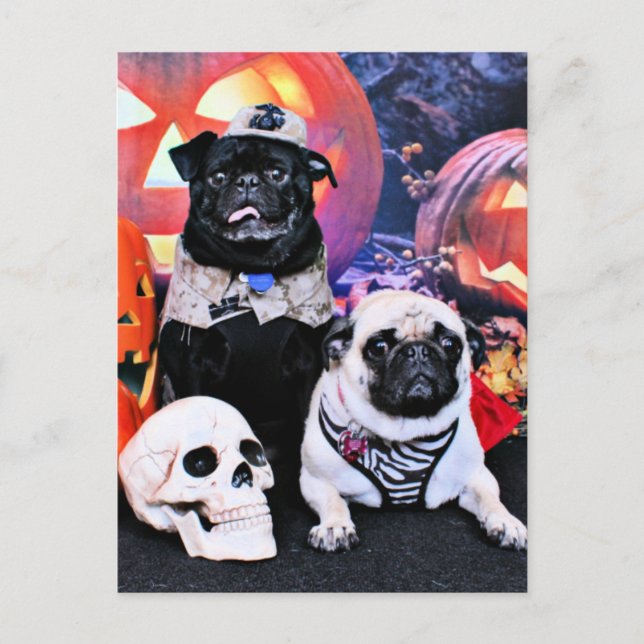Cartão Postal Halloween - Pug - Ruffy e Lola (Frente)