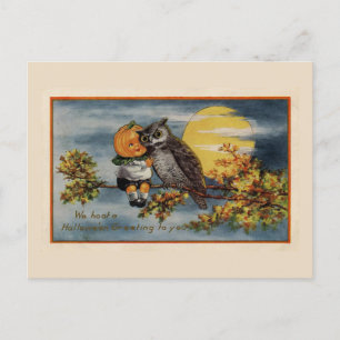 Cartão Postal Halloween Pumpkin Boy Tree Branch Moon Vintage