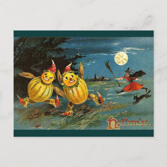 Cartão Postal Halloween Pumpkin Charters and Witch (Frente)