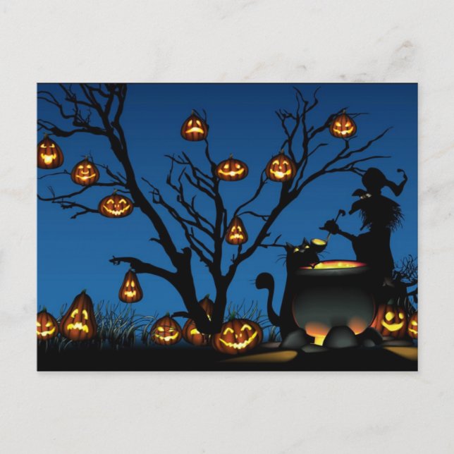 Cartão Postal Halloween Pumpkins com bruxa (Frente)