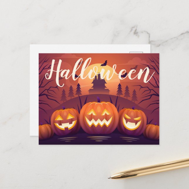 Cartão Postal Halloween Pumpkins e Casa Assombrada (Frente/Verso In Situ)