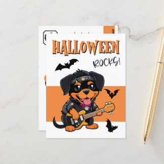 Cartão Postal Halloween Rocks Rottweiler Cartoon Tocando Violão