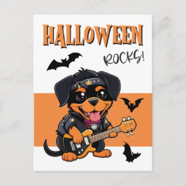Cartão Postal Halloween Rocks Rottweiler Cartoon Tocando Violão